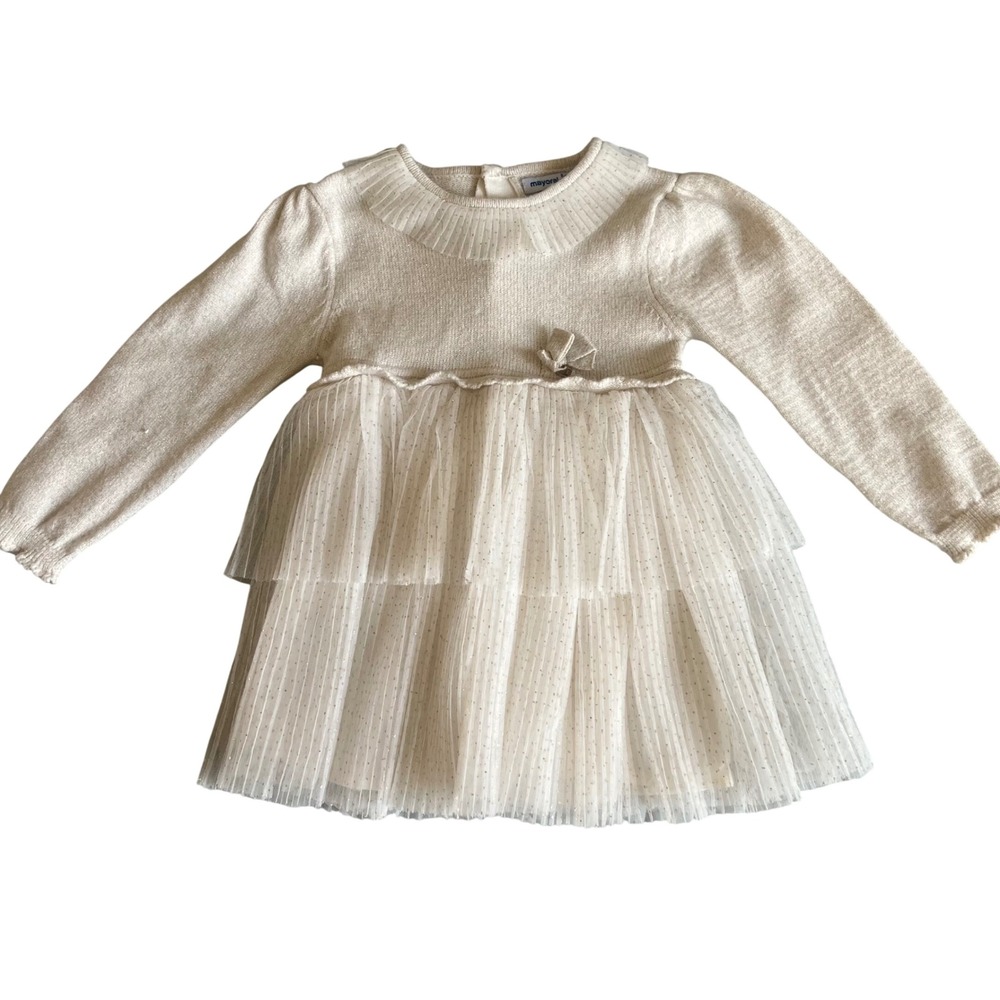 Mayoral Baby Girls Cream Metallic Knit Tulle Tiered Sweater Dress 18M Holiday